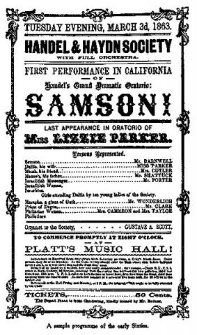 Poster for the first California performance (1863) of Handel's setting of Milton's drama, "Samson Agonistes"