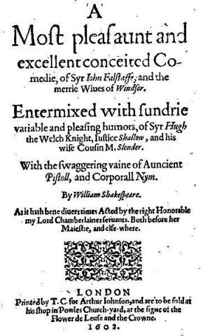 The Merry Wives of Windsor: Title Page for the 1602 Quarto