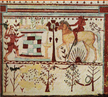 Etruscan mural(pre-500 B.C.): the Mounted Achilles ambushes Troilus.