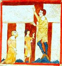 Merlin, in giant form, helps build Stonehenge. British Library, Egerton 3028.