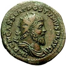 Portrait of the Emperor Postumus on a double sesterce (a brass coin, enlarged).